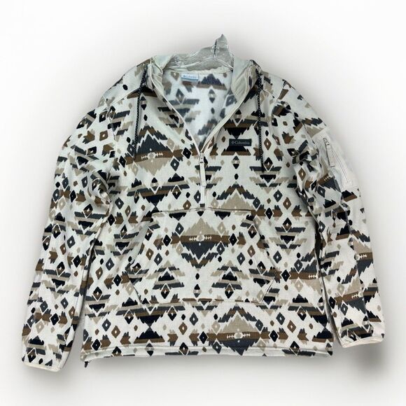 Columbia Heavy Western Beige‎ Aztec Print Hooded Sweater Womens XL Quarter Zip - Picture 1 of 7